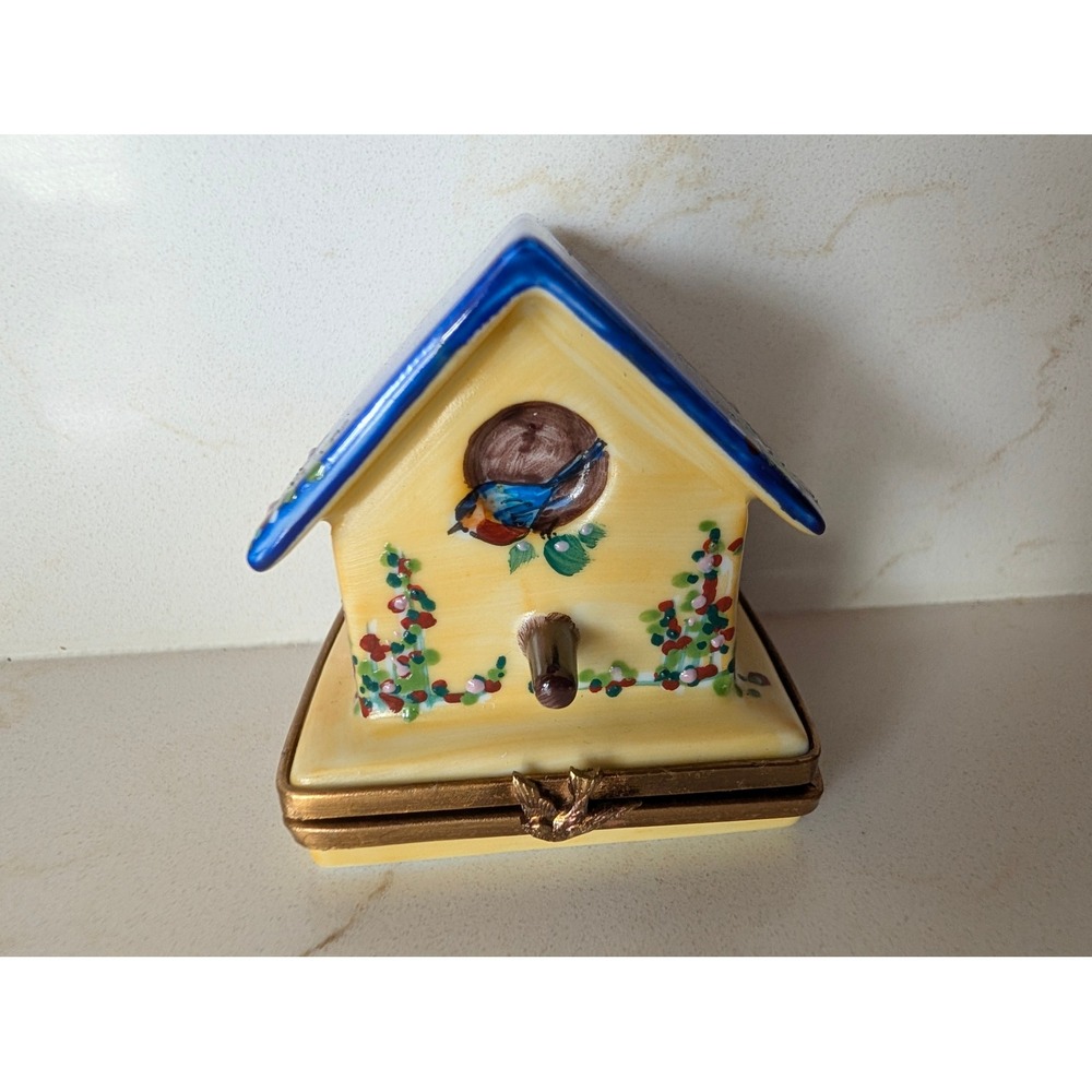 Rochard Limoges France Hand Painted Birdhouse Porcelain Trinket Box Bluebird